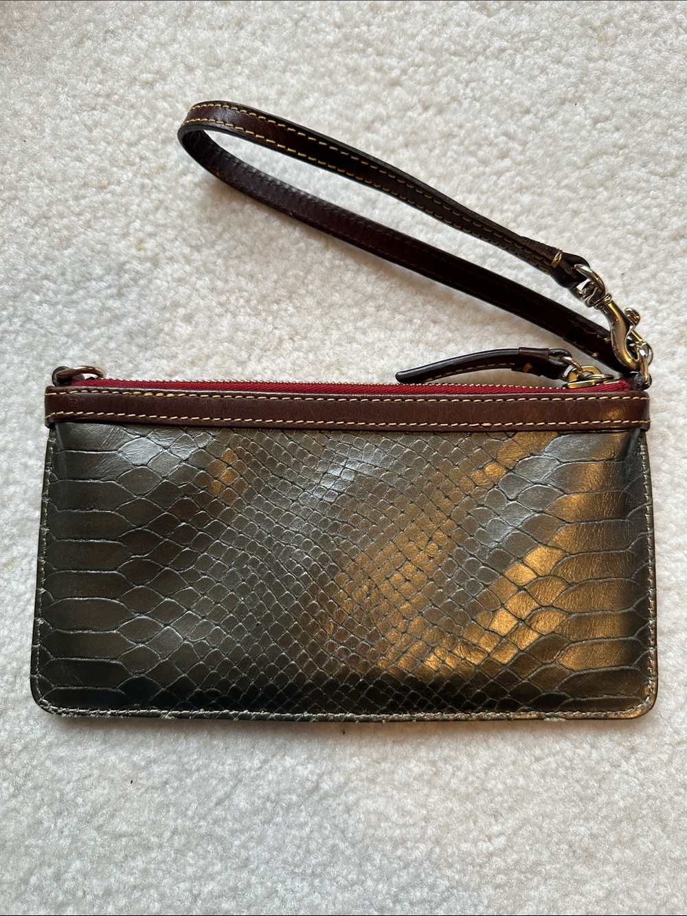 Dooney & Bourke Metallic Olive Snake-Embossed Wristlet with Burgundy Trim - Picture 2 of 7